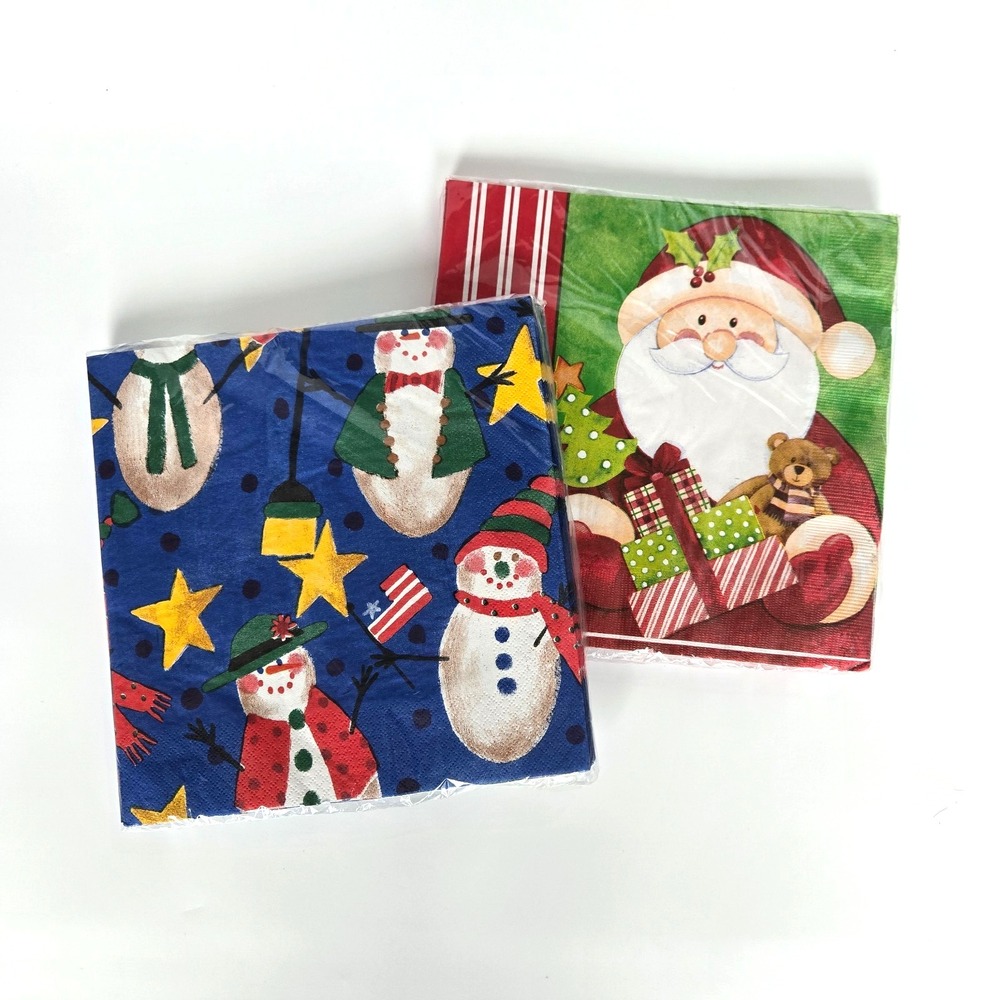 Lot of 2 Vintage NEW Pkgs LARGE Dinner Napkins Sealed Snowman Santa Made in USA